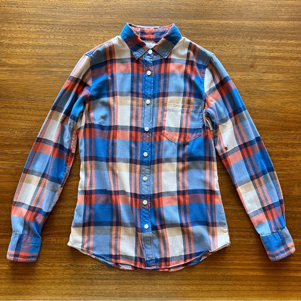 ⚡️ 5/$10 J Crew Perfect Fit Plaid Button-Down Flannel Orange White & Blue XXS